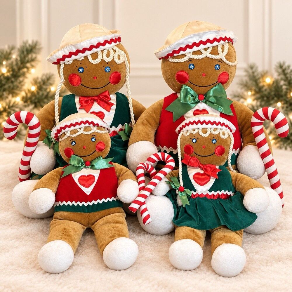 Vintage 1990 Target Gingerbread Family Plush Set of Four Christmas Dolls 20” 13”